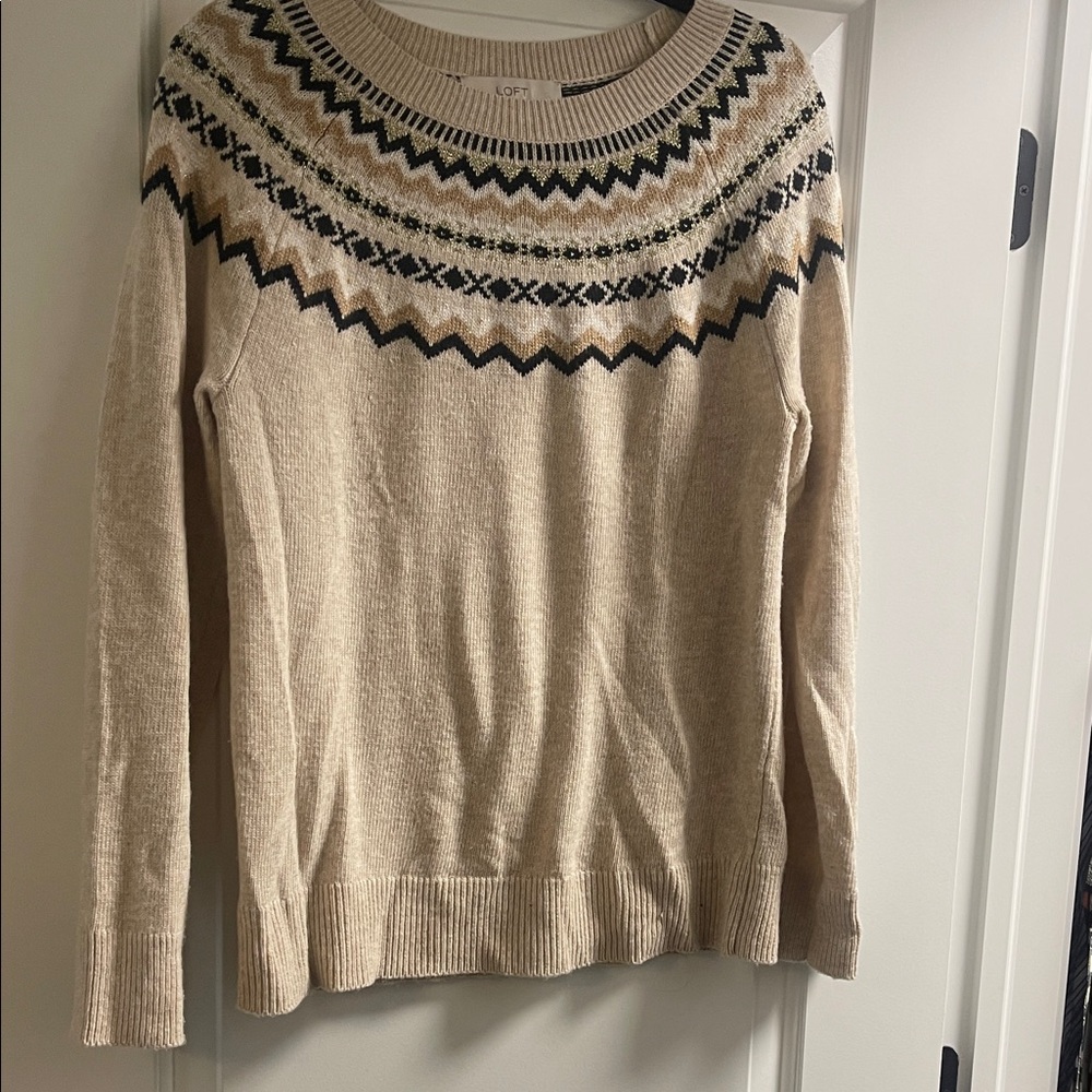 LOFT Beige Sweater with Black and White Pattern